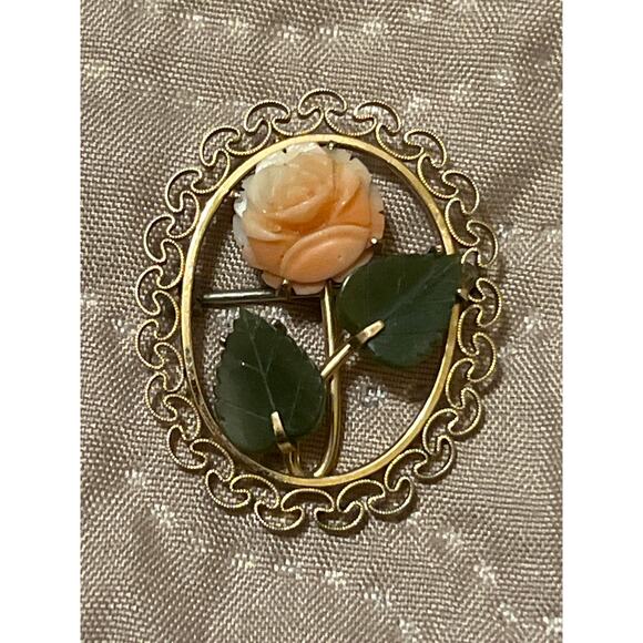 Krementz Jewelry - Krementz Gold Overlay Carved Coral Jade Rose Brooch
